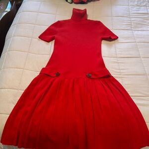 Red Sweater Dress with button details in the front turtleneck.
